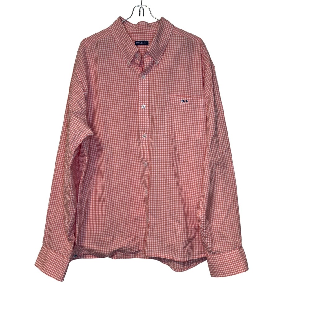 Fish Hippie Mens Shirt Tailored Fit Gingham Check Button Down‎ Peach Coastal  XL